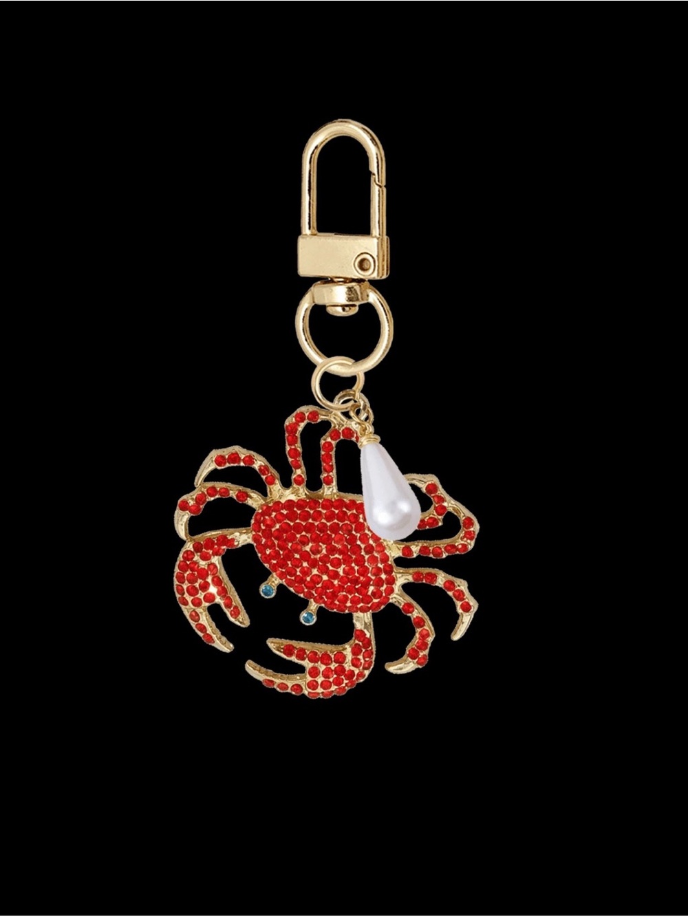 Gold-Tone Red Crystal Crab Bag Charm with Pearl Accent